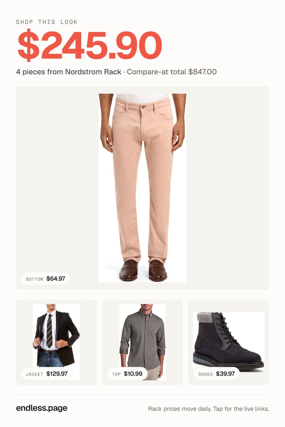 Fall outfit ideas for men under $250 · pink look, 4 pieces on sale at Nordstrom Rack
