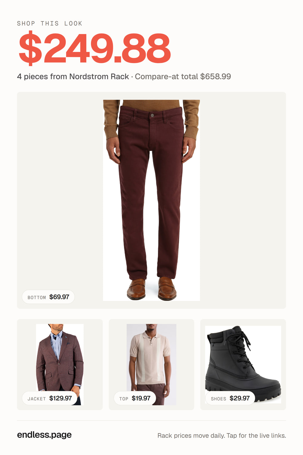 Fall outfit ideas for men under $250 · red look, 4 pieces on sale at Nordstrom Rack