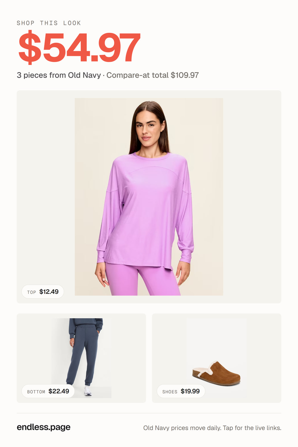 Fall outfit ideas for women under $75 · purple look, 3 pieces on sale at Old Navy